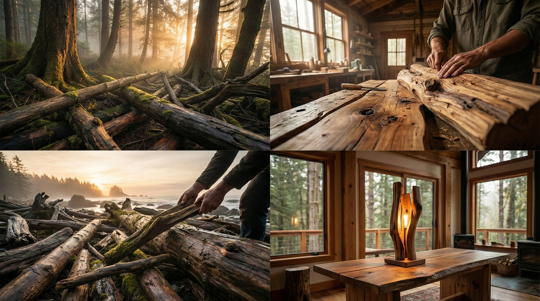 Sequência visual que mostra madeira caída na floresta, troncos recuperados e um espaço interior onde a madeira ganha nova vida, ilustrando a jornada da matéria-prima até ao lar.